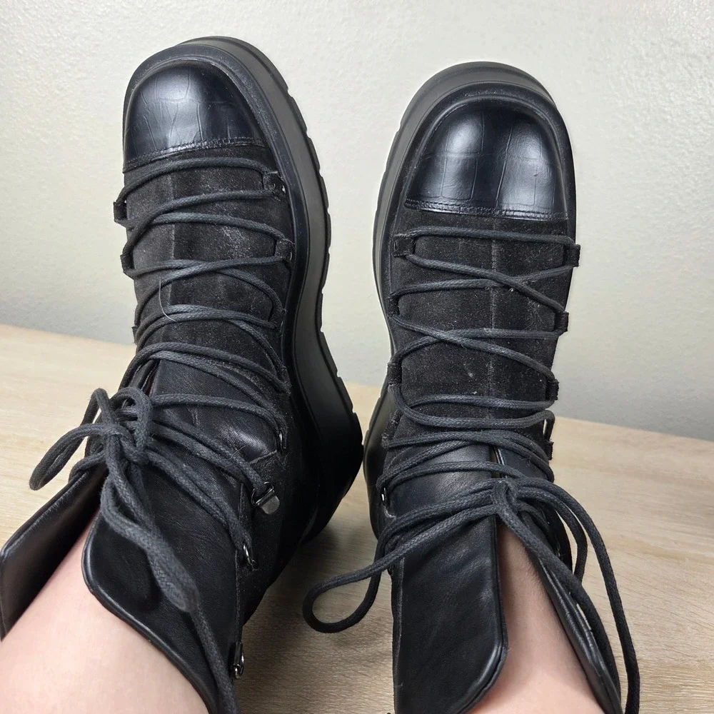 Free People Simone Wedge Boots Black Leather Suede Lace Up Women's EU 38